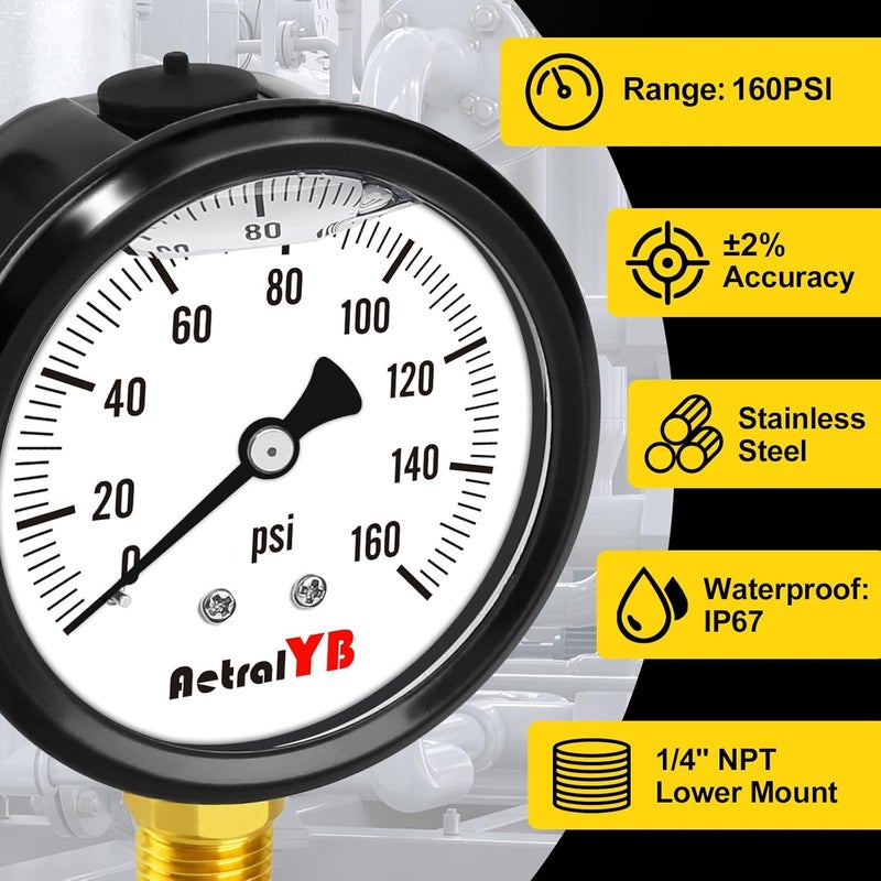 AetralYB 0-160 Psi Pressure Gauge,Stainless Steel Case,Glycerin Liquid Filled, 2.5" Dial Size, 1/4" NPT Lower Mount, IP67 Waterproof,for Water Pump, Air Compressor, Well Pump, RV Regulator - Image 2